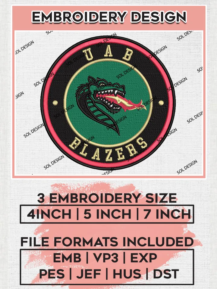 NCAA UAB Blazers Round Logo Embroidery, NCAA UAB Blazers Logo Embroidery files, NCAA Teams, Machine embroidery designs, Digital Download