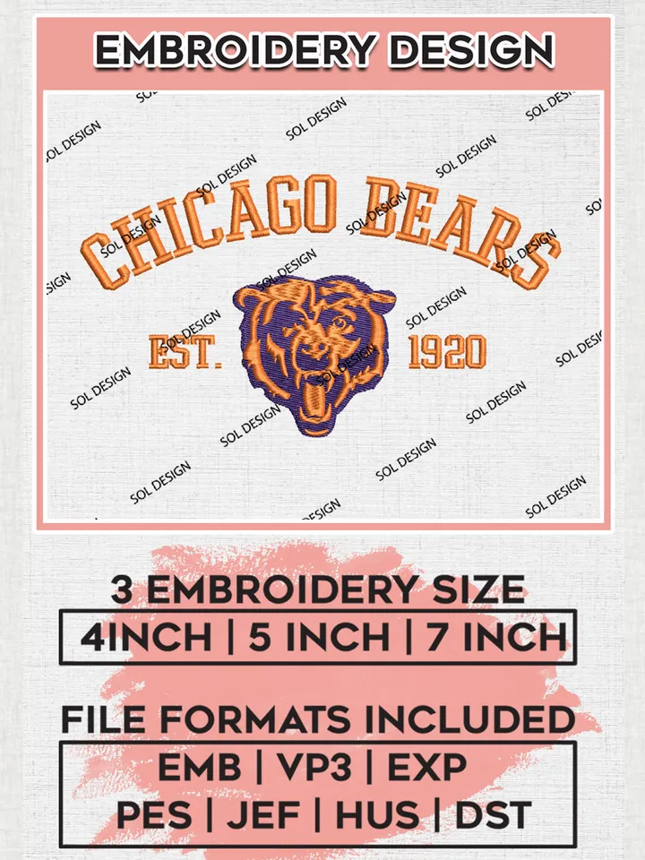 Chicago Bears Est 1920 Embroidery Design Files, NFL Bears, NFL Logo Embroidery Files, NFL Chicago Bears Machine Embroidery Design, Digital Download