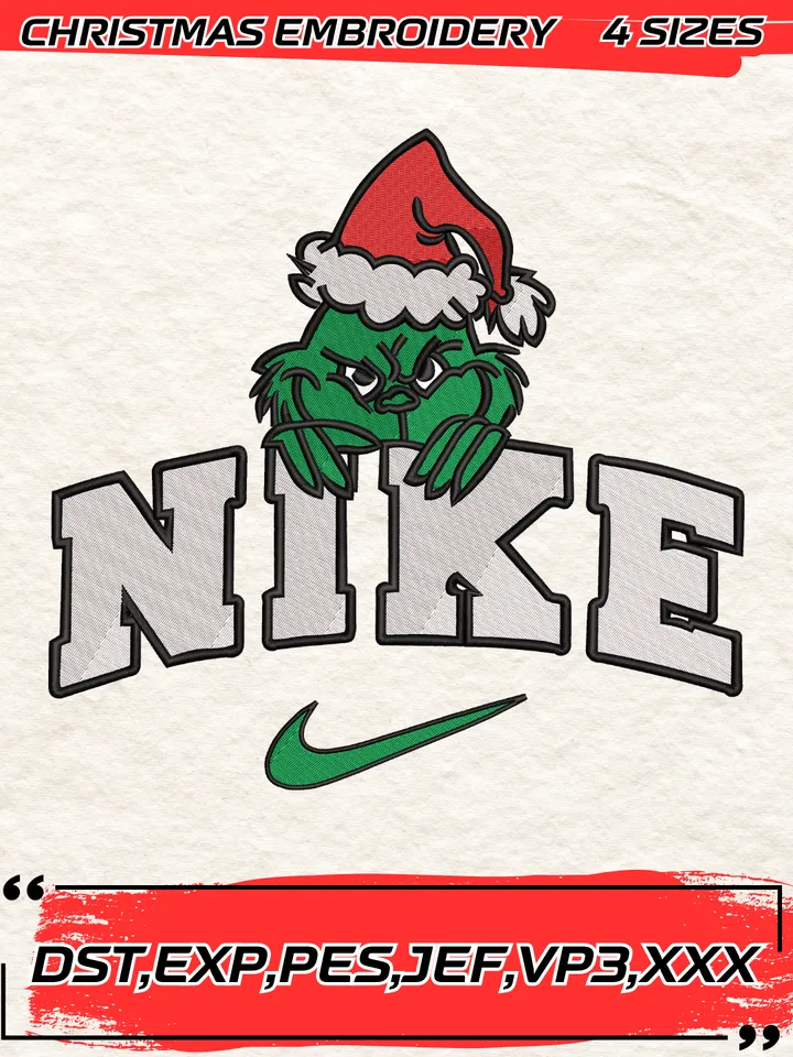 Swoosh Grinch Christmas Embroidery Design,Christmas Embroidery Design,4 Sizes,Digital Download