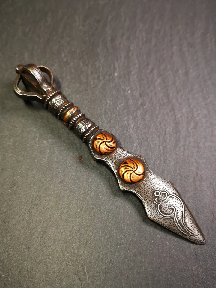 Gandhanra Handmade Tibetan Buddhist Ritual Implement - Kila -Dorje Phurba,Manjusri Sword,Made of Cold Iron inlaid with Copper,5.1"