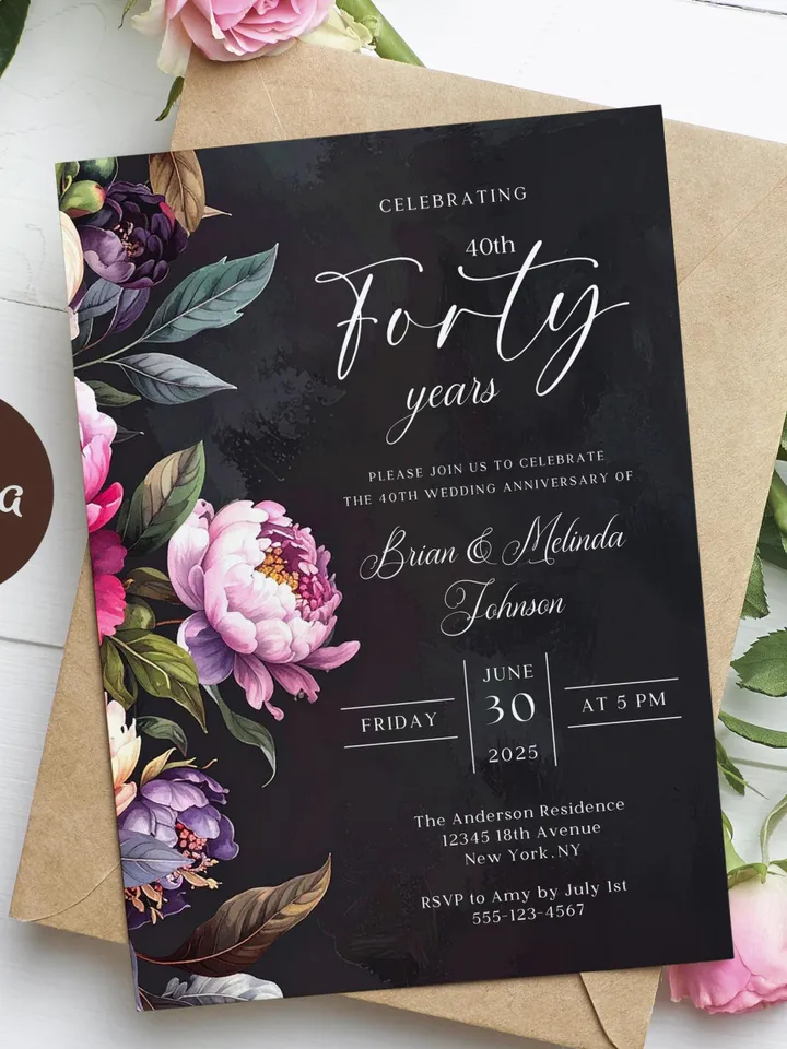 40th Anniversary Party Invitation, 30th, 50th, 60th, 70th, Moody Burgundy & Blush Peony Floral Canva Template 5x7 birthday evite