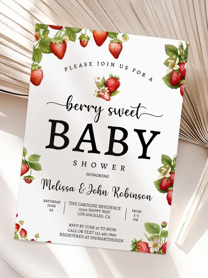 Editable Strawberry Baby Shower Invitation Berry Sweet Baby Shower Invite Berry Sweet Baby Shower Invite Printable BSH001