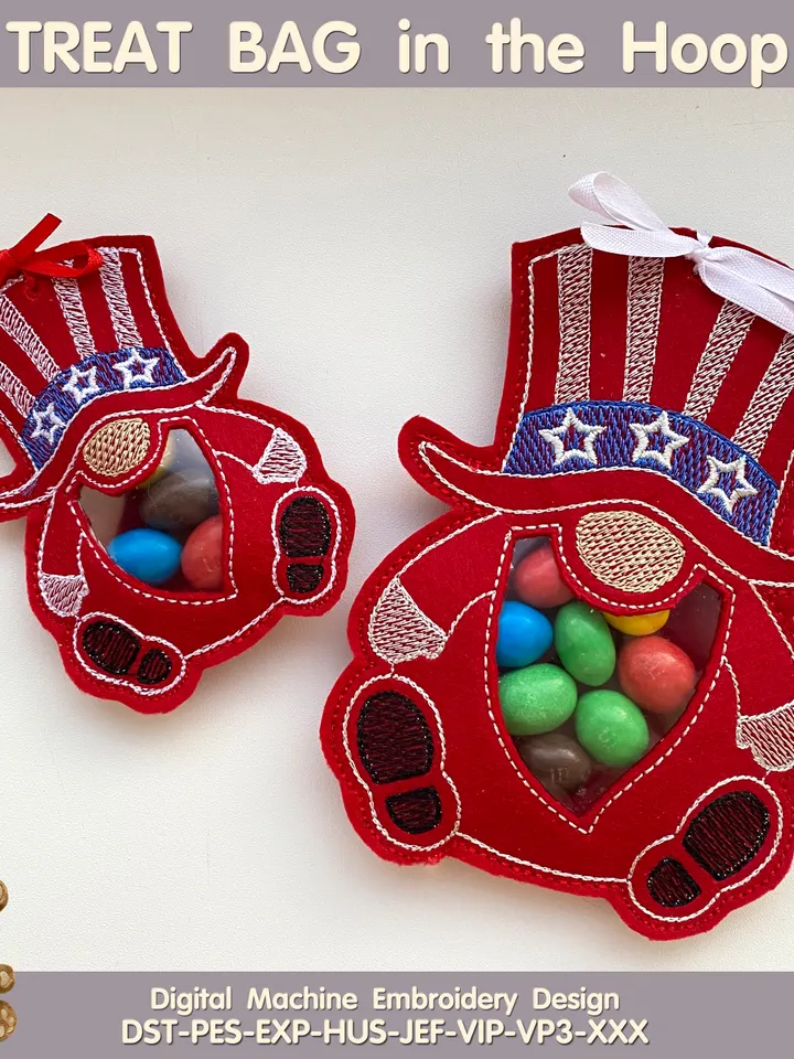 In The Hoop Machine Embroidery design ITH Peekabo Bag Patriotic USA Gnome Treat Bag ITH Pattern.
