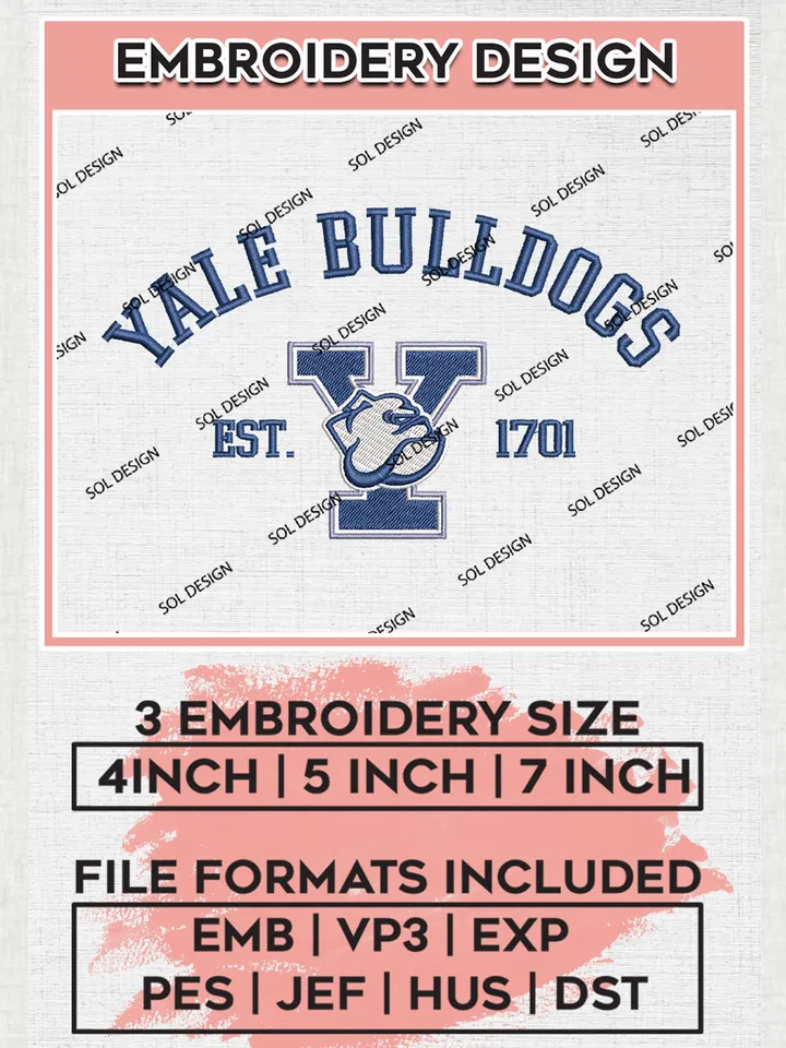 Yale Bulldogs Est 1701 Embroidery Designs, NCAA Yale Bulldogs Team Embroidery, NCAA Team Logo, 3 sizes, Machine embroidery Files, Digital Download