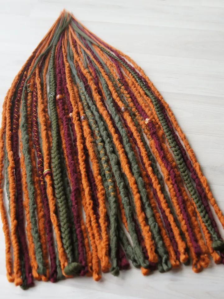 Bohemian Ginger Dreadlocks Earthy Red Green Faux Locs with Bead Thread Details Single or Double Ended Handmade Boho Hair Extensions