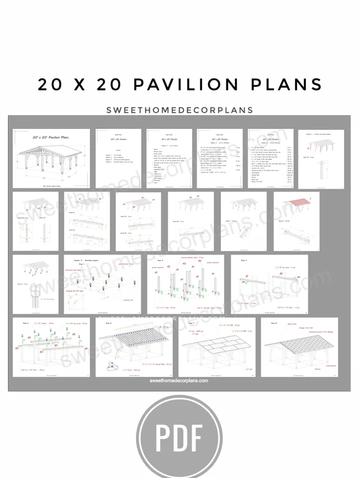 Diy 20 x 20 gable pavilion plans pdf. Carport pdf plans. Garage plans. Wooden outdoor covered gazebo plans. Backyard timber frame plans for outdoor