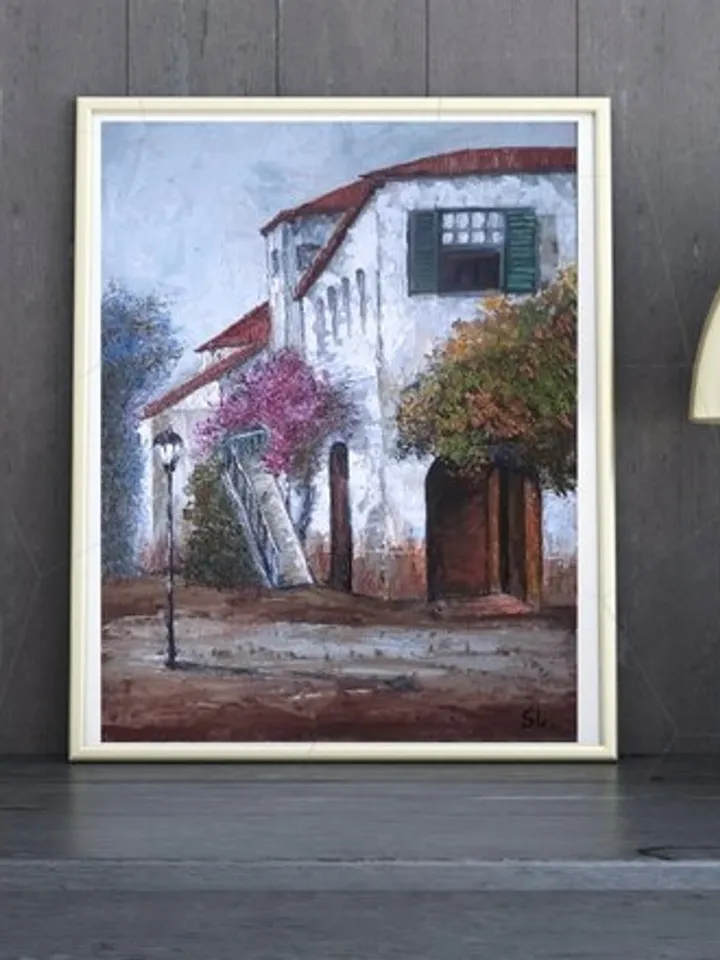 Oil Painting Old Houses, South Street, White House, Flowering Bush, Original Painting Reproduction 16x12 inches.
