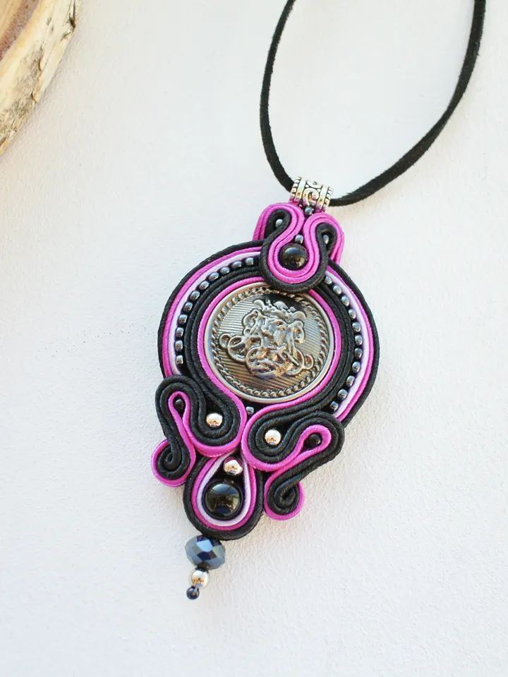 Black and pink boho necklace, Soutache pendant, Embroidered necklace, Ethnic necklace, Mandala