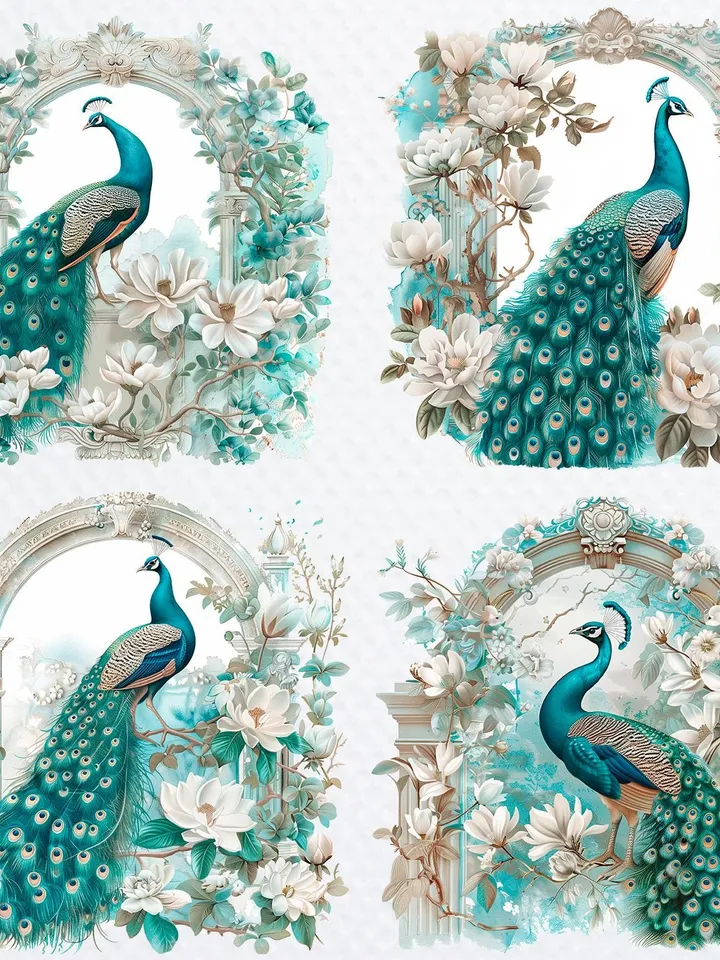 14 Adorable Peacock PNG Bundle, Vintage Peacock Watercolor clipart for sublimation, High Quality PNG, Digital , Paper craft, junk journal
