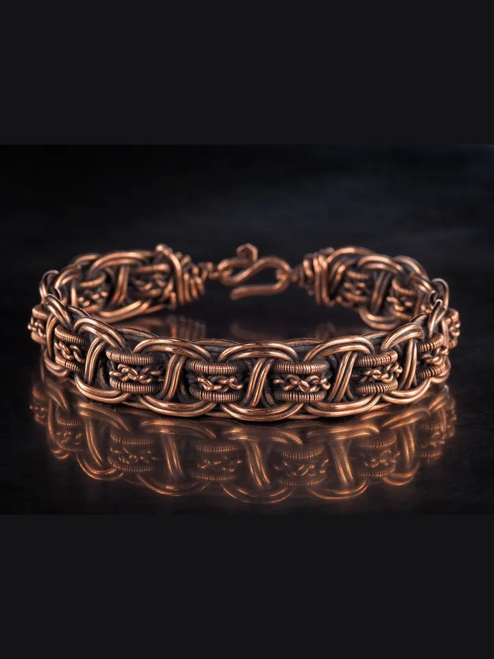 Wire wrapped bracelet, Unique 7th 22nd Anniversary gift idea, Art Nouveau antique style, One of kind braided statement bangle, Handmade oxidized pure copper jewelry, Pain relief, EMF protection