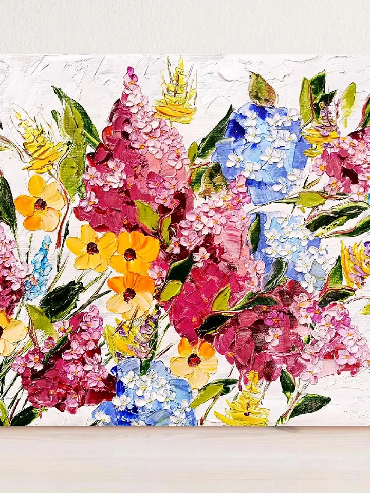 Flower Painting On Canvas Original Art Pink Purple Meadow Flowers Floral Art Impasto Painting Abstract 16 by 20 Gift by ArtProkopaloSv