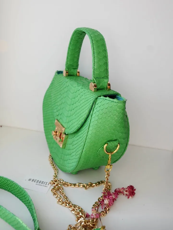 Genuine Python Skin Crosshandle Elegant Green Bag | Exotic Leather Bags | Designer Bags | Handmade Chain Crossbody Handle Women Classy Purse