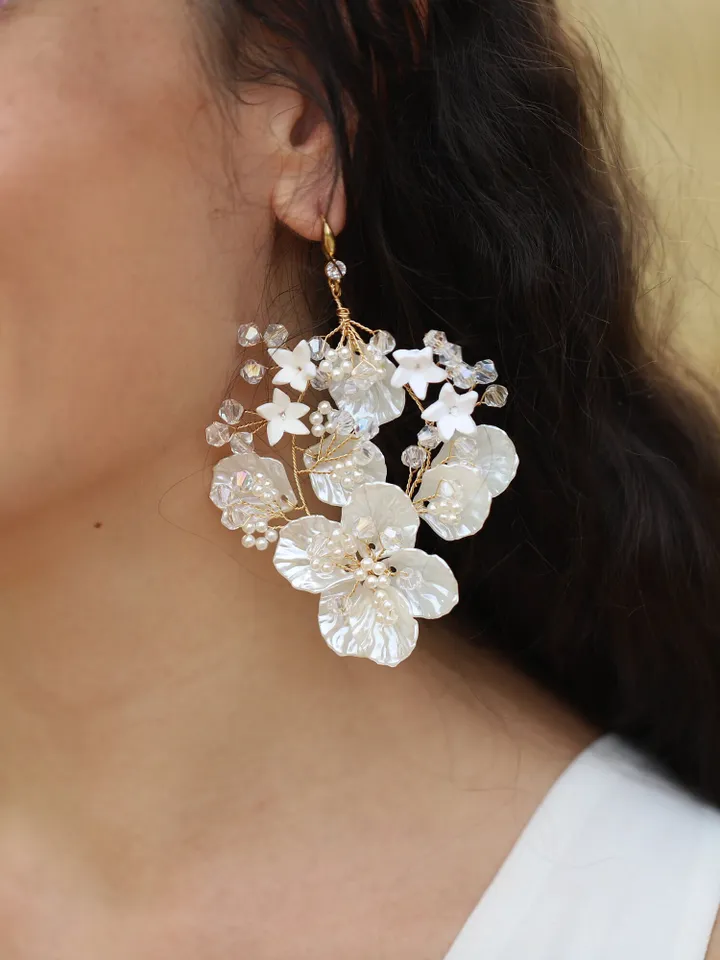 Hoop Flower Wedding Earrings , Floral Bridal Earrings, Swarovski Crystal Boho Bridal Earrings, Chandelier Statement Earrings | Jewelry