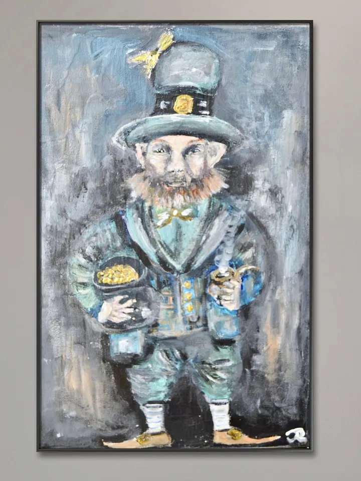 Leprechaun with a pot of gold original acrylic painting on canvas, good luck leprechaun,gift or home decoration, wall art,home decor.