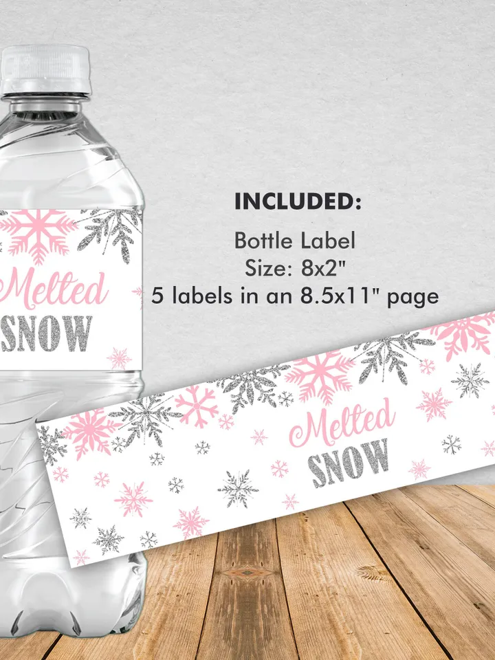 Melted Snow Water Bottle Label, Winter Onederland Bottle Label, Winter Onederland Birthday Girl Decorations, Pink Silver Snowflakes Party