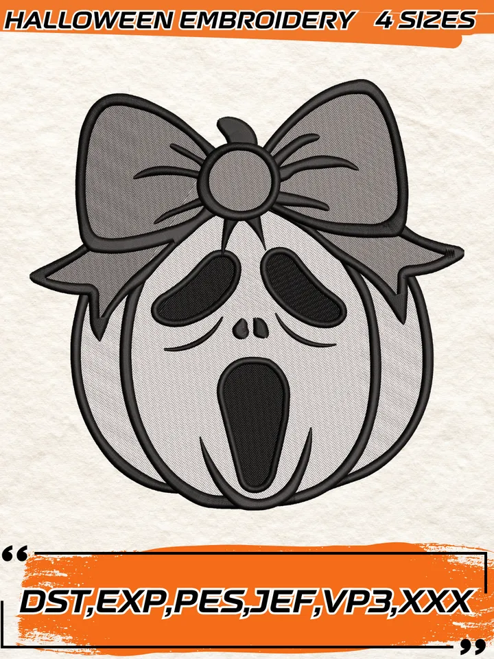 Scream Ghost Face Pumpkin Bow Embroidery Design,Halloween Embroidery Design,4 Sizes, Digital Download
