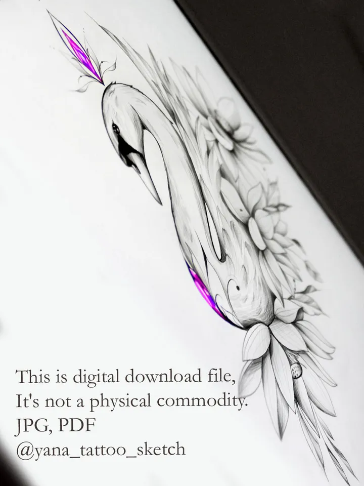 Swan Tattoo Design With Flowers Swan Tattoo Idea Stencil Sketch, Instant download PDF, JPG