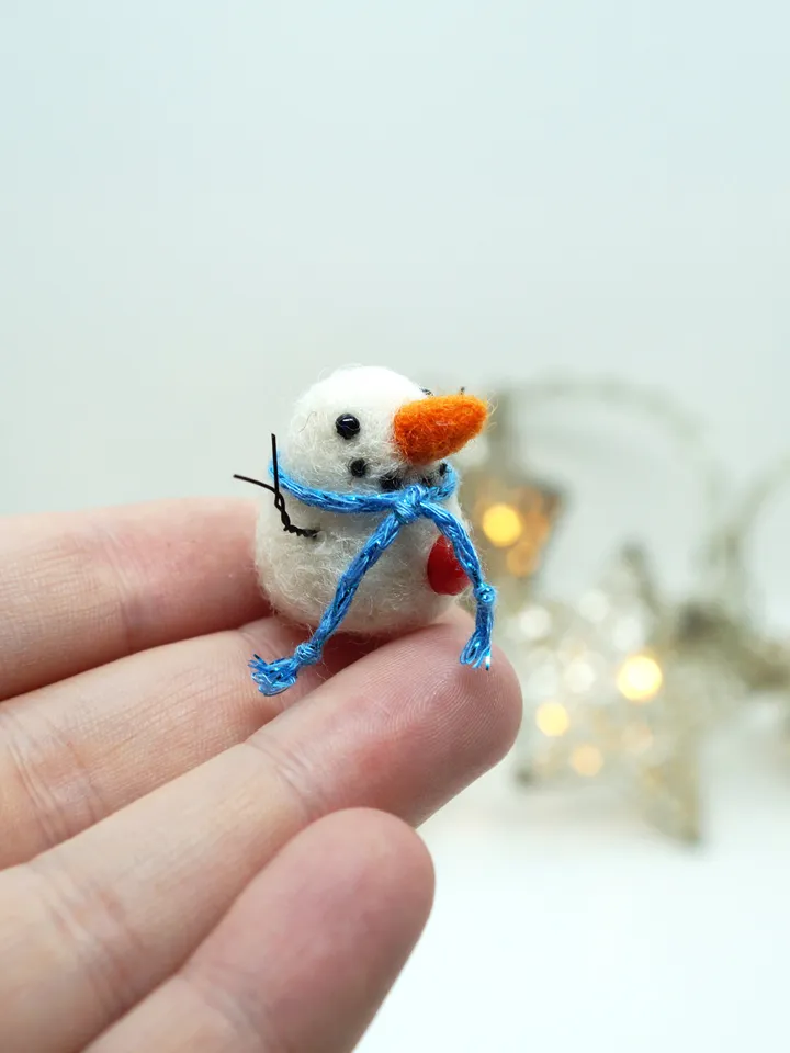 Miniature needle felted snowman in a blue scarf, made to order