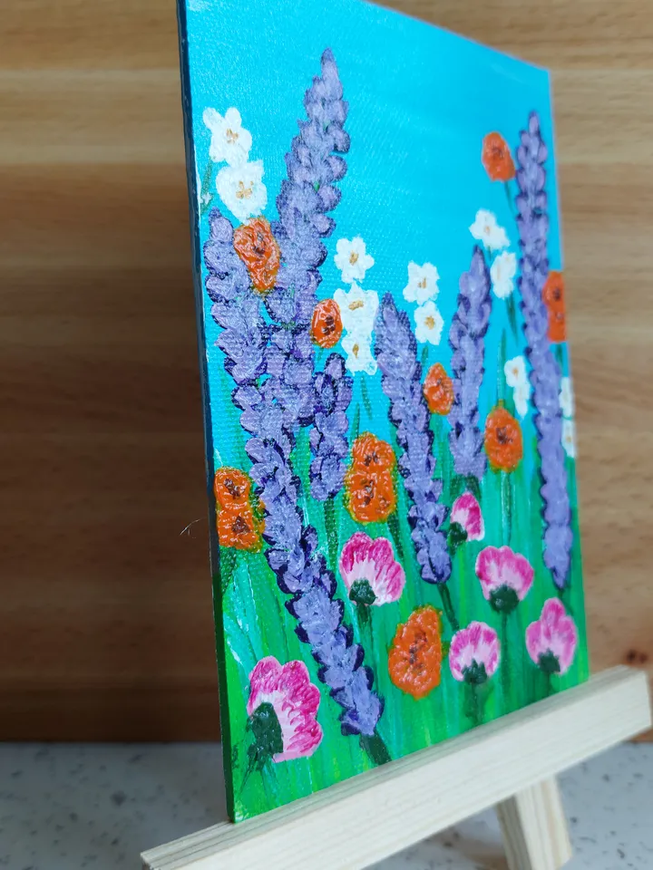 Mini painting depicting Meadow flowers, Original design, Painting on a panel