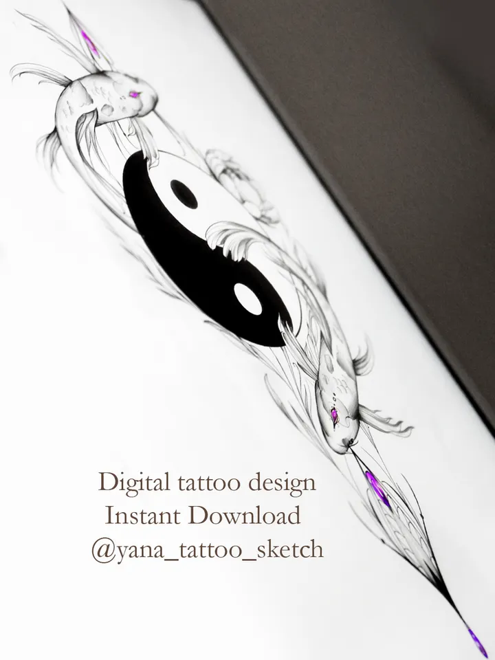 Koi Fish Yin Yang Tattoo Design Koi Fish Yin Yang Tattoo Idea Drawing Sketch, Instant download JPG, PDF, PNG