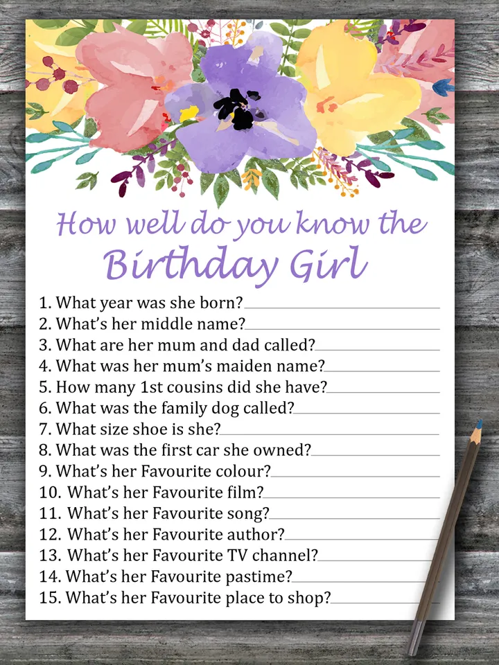 Watercolor flowers How well do you know the birthday girl,Adult Birthday party game printable-Instant download