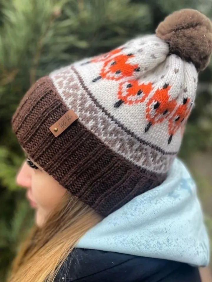 Warm jacquard knitted pompom hat