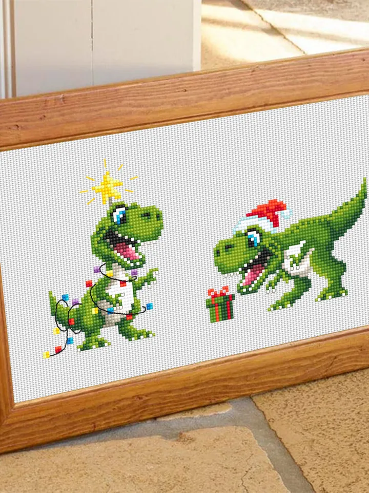 Funny dinosaur christmas cross stitch pattern PDF download, Set of 2 small dinosaur cross stitch chart, Cute dino pattern digital PDF #N112