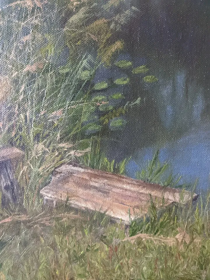 Summer landscape oil painting with a river, green grass and trees, with a small bridge, canvas 16x12 inches