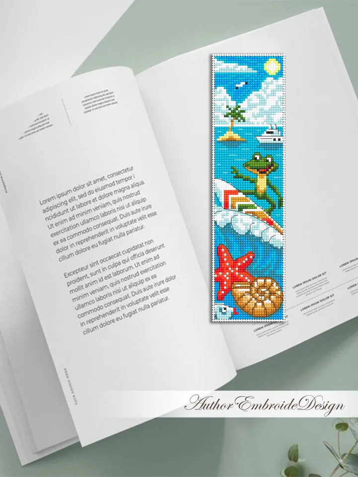 Summer bookmark cross stitch pattern PDF download Funny frog cross stitch chart, Sea bookmark pattern digital PDF, Beach vacation #B447