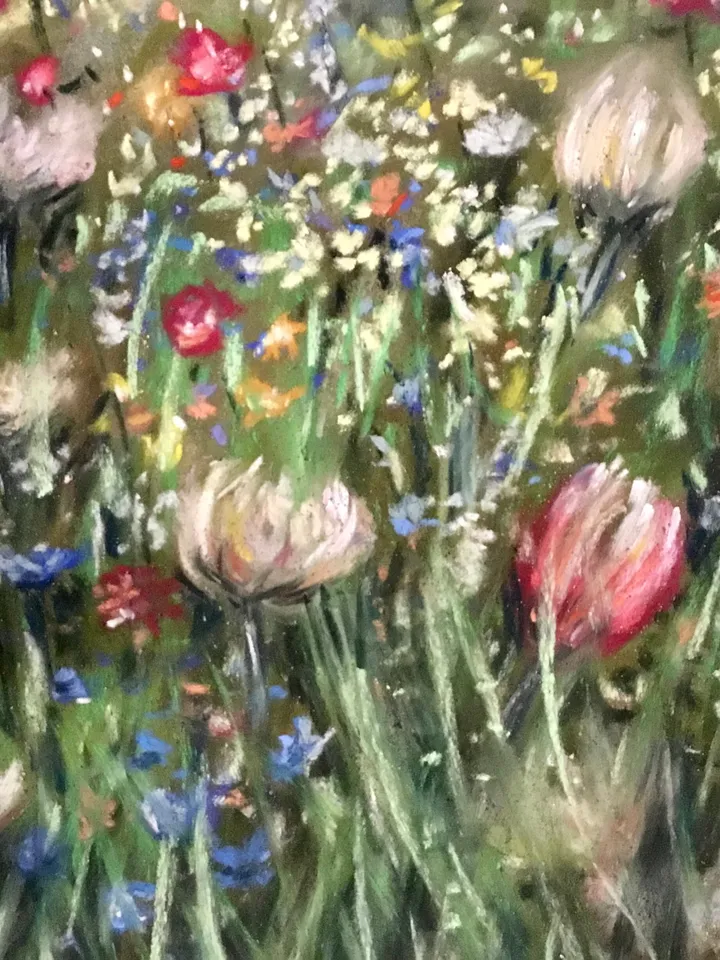 Flower fields,original soft pastel painting on pastelmat,colourful wall art