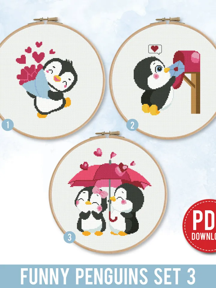 Funny Penguins Love Heart Bundle of 3 ornament nursery valentine's day cross stitch pattern counted chart gift DIY embroidery, instant PDF