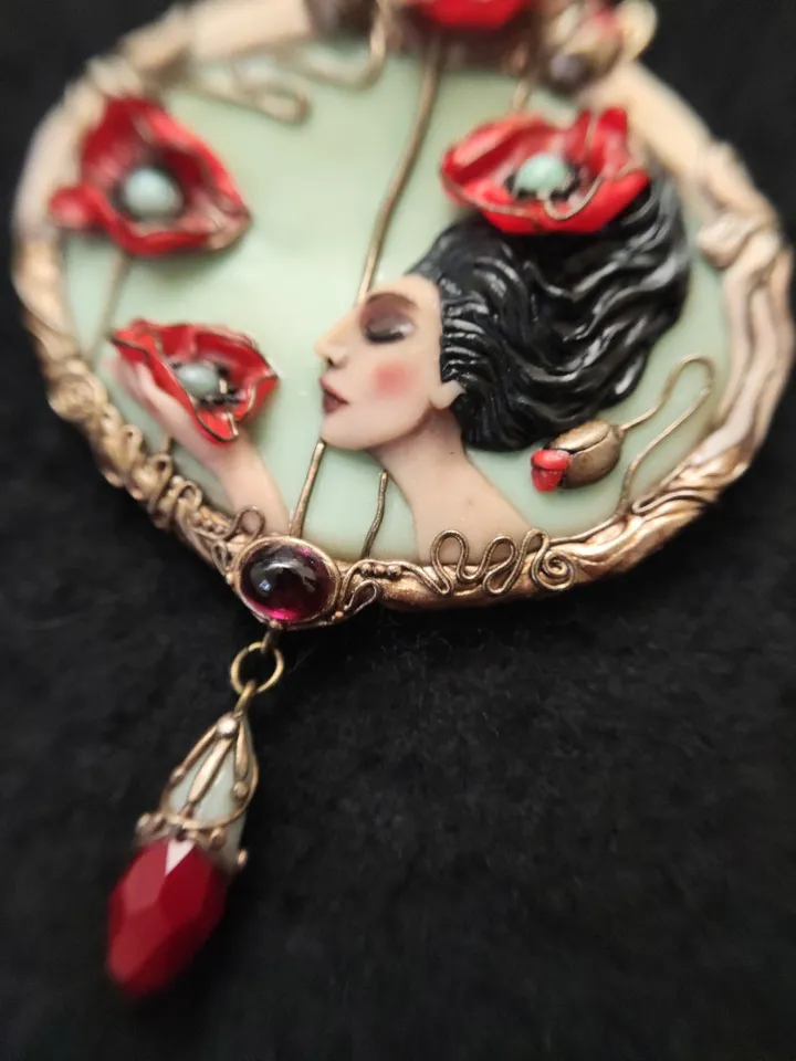 Brooch Virgo with poppies, poppies pendant, Brooch with poppies,Red poppies