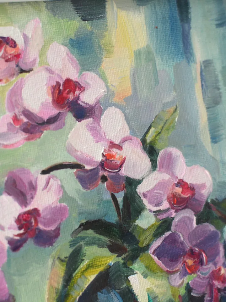 Orchid oil painting in frame / Small floral art