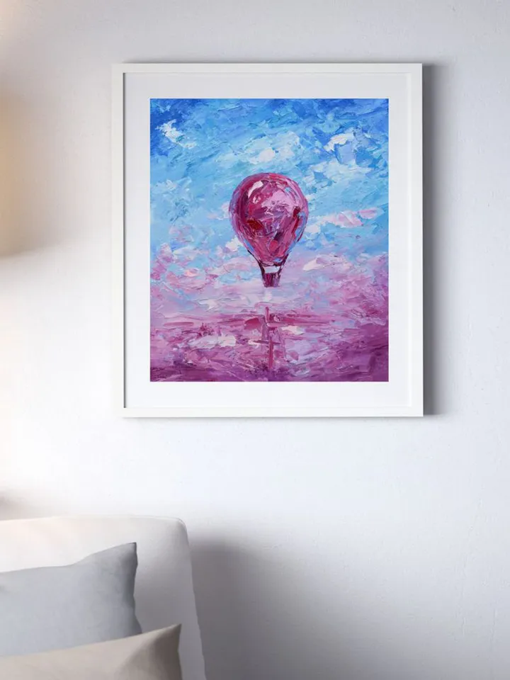 Hot Air Balloon Painting Original Art Pink lake Artwork 10 by 12" Skyscape Oil Painting by Juliya JC