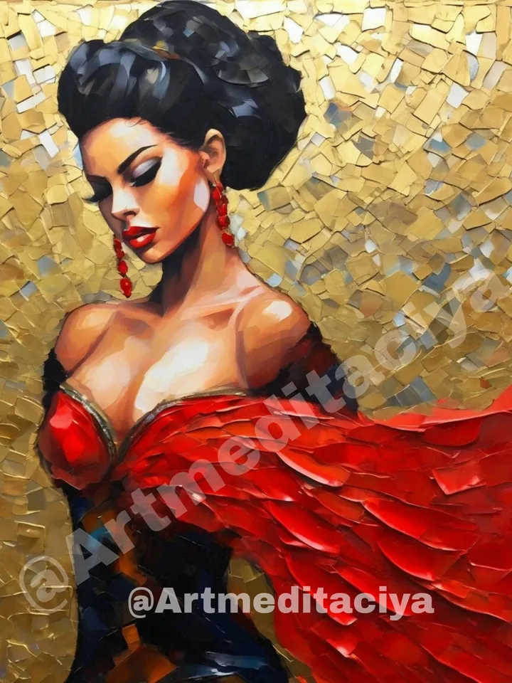 Digital abstract textural painting "Dancing Carmen" in the style of impasto palette knife oil painting on an abstract golden mosaic background with white and gray is a 3d image of a dynamic Spanish brunette with fluffy eyelashes, in a black and red neckli