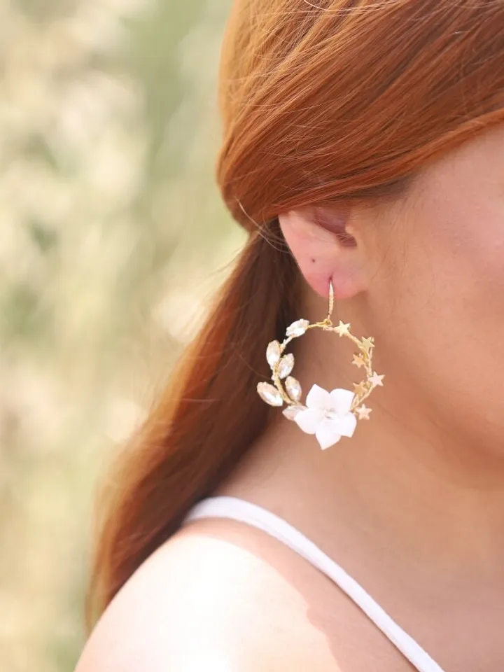 Hoop Star Celestial Gold Wedding Earrings, Porcelain Flowers Bridal Earrings, Swarovski Crystal Statement Wedding Jewelry, Boho Jewellery