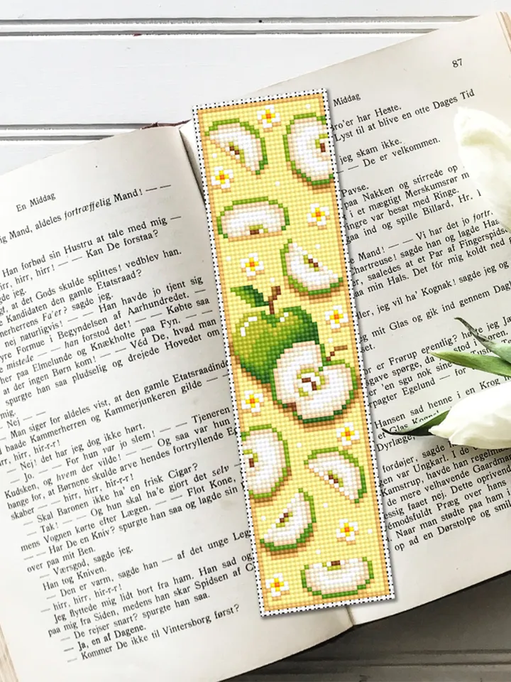 Fruit bookmark cross stitch pattern PDF download Green apple cross stitch chart, Digital bookmark pattern, Small flowers cross stitch #B140