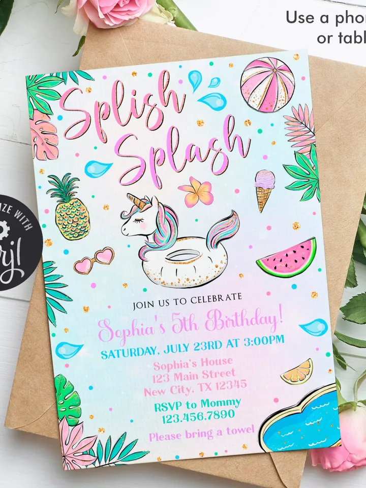 Splish Splash Birthday Invitation, Unicorn Pool Party Invitation Girl, Splash Pad Invitation Instant Download Editable Template