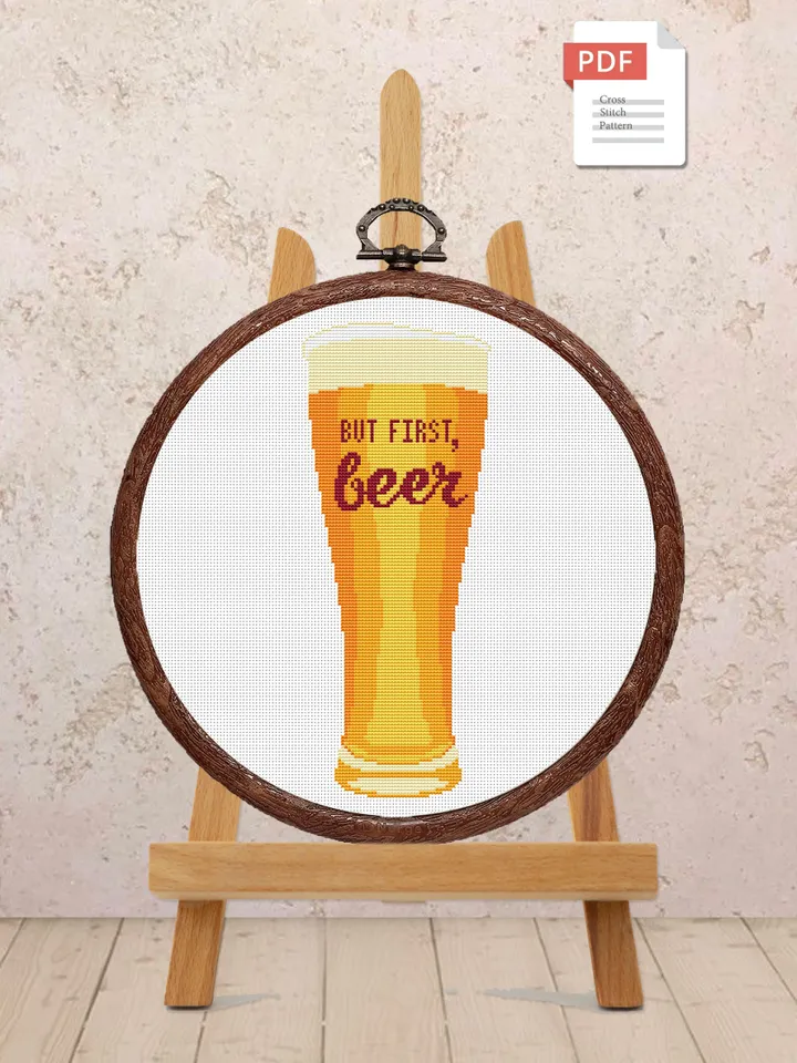 Set of 2 But First Beer Cross Stitch Pattern, Kitchen Cross Stitch, Embroidery Beer, But First Wine Pattern, Modern Cross Stitch #kt008