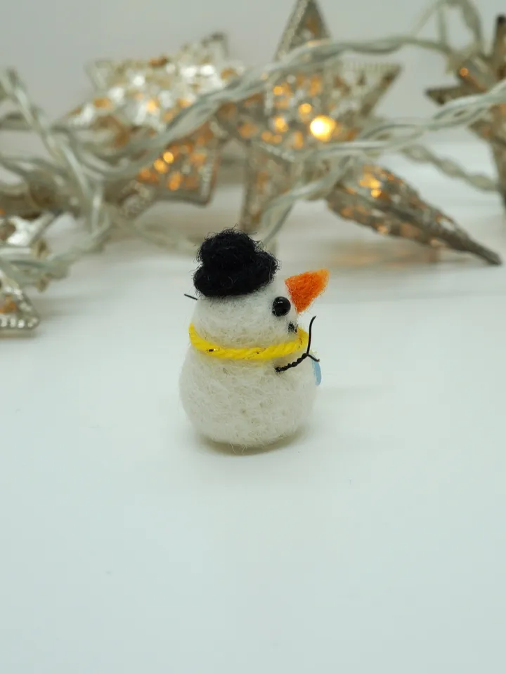 Miniature needle felted snowman in a yellow scarf, made to order