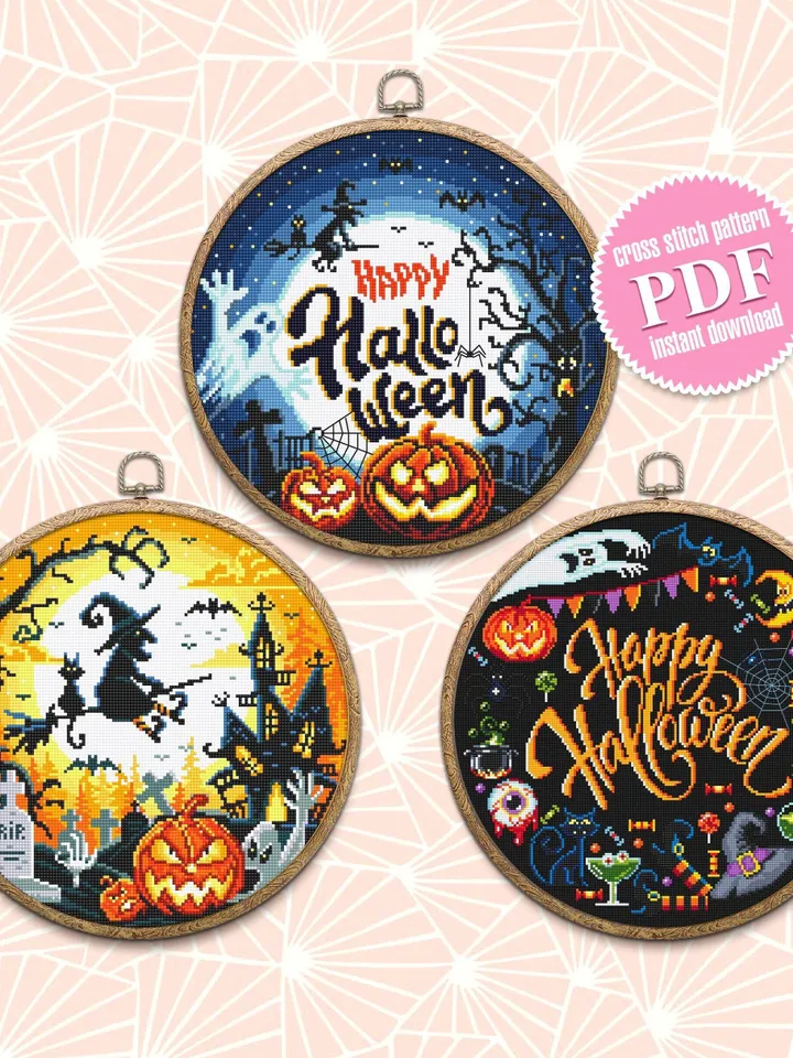 Halloween cross stitch pattern download PDF Pumpkin xstitch chart Modern cross stitch set, Beginner stitch, Happy Halloween embroidery #S51