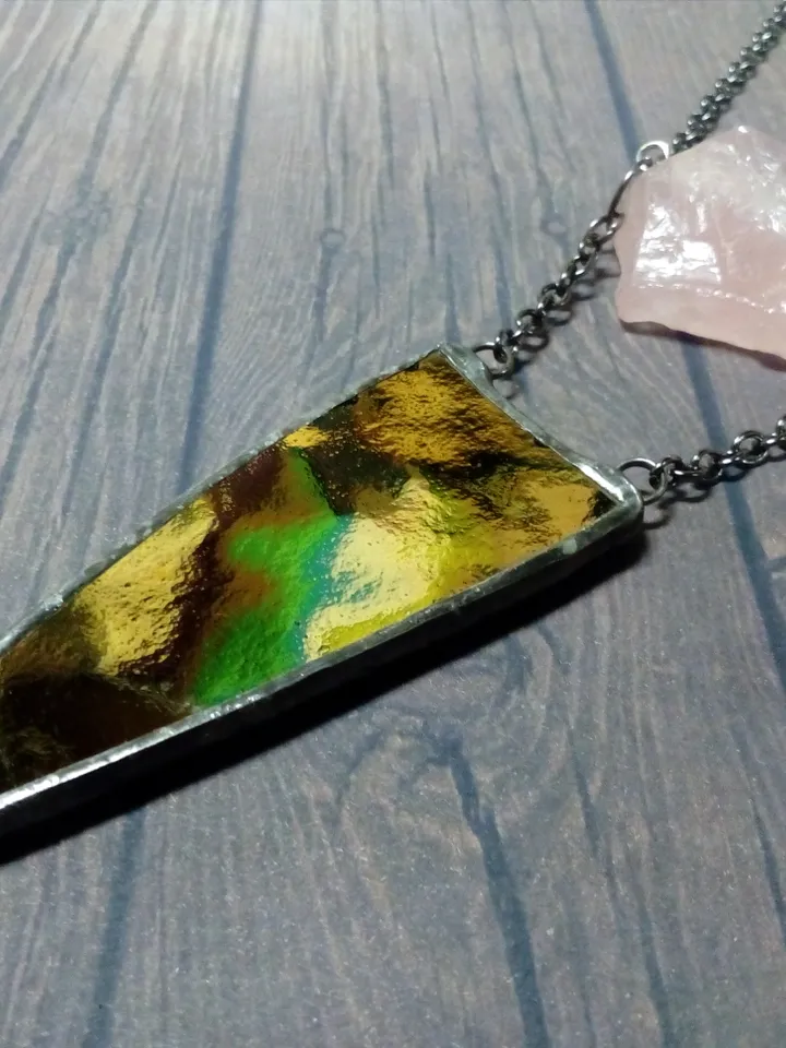 Spike necklace, rose quatrz pendant, stained glass necklace, geometric pendant, triangular necklace