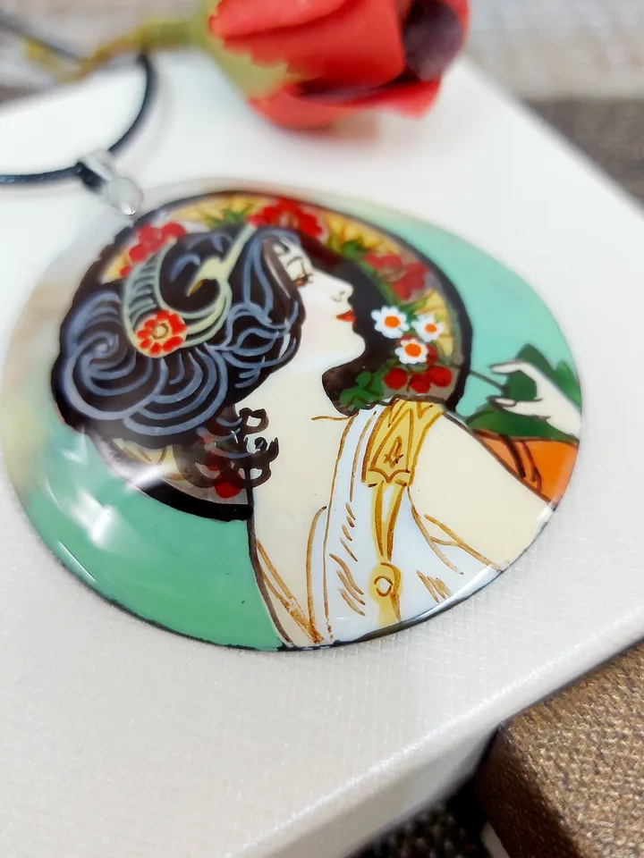 Pearl pendant Necklace: Primrose by Alphonse Mucha painted on mother-of-pearl pendant. Outstanding necklace for Aesthetic girl. Gift for her
