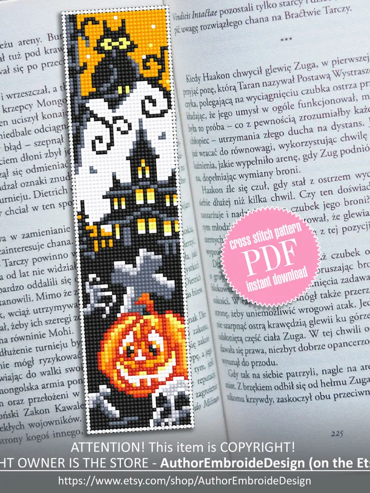 Halloween bookmark cross stitch pattern PDF download Haunted house cross stitch chart, Handmade bookmark pattern digital PDF, Pumpkin #B36