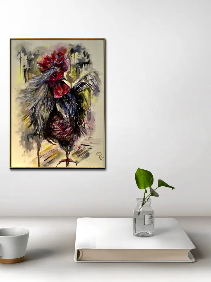 Silver rooster original watercolour mix media artwork on watercolour paper,birds painting watercolour,home decoration wall art,gift