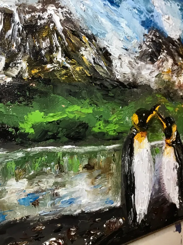 Landscape oil painting.Penguins northern landscape,original oil painting,stretched canvas.