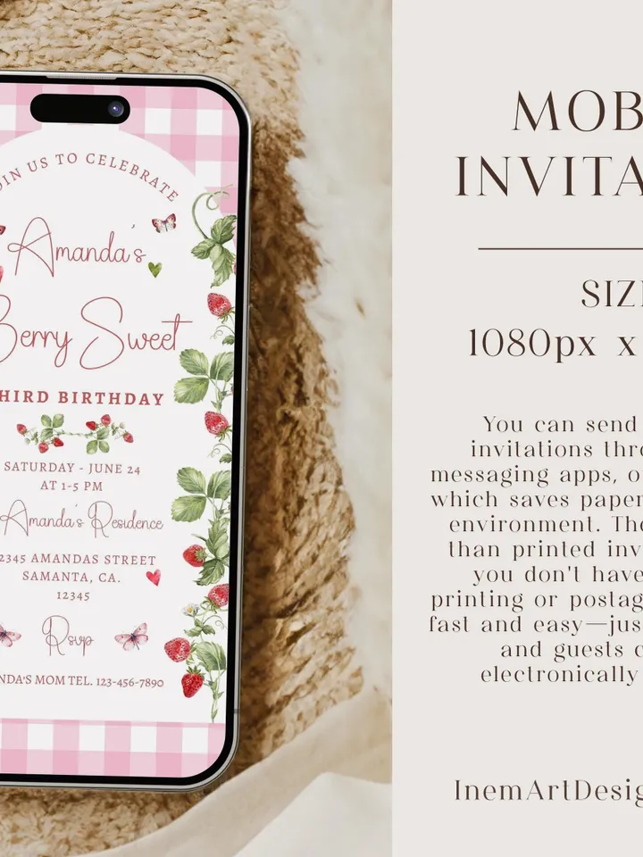 Editable Strawberry 3rd Birthday Invitation Berry Sweet Strawberry Picking 4th Birthday Invite Invites Canva Instant Download i115