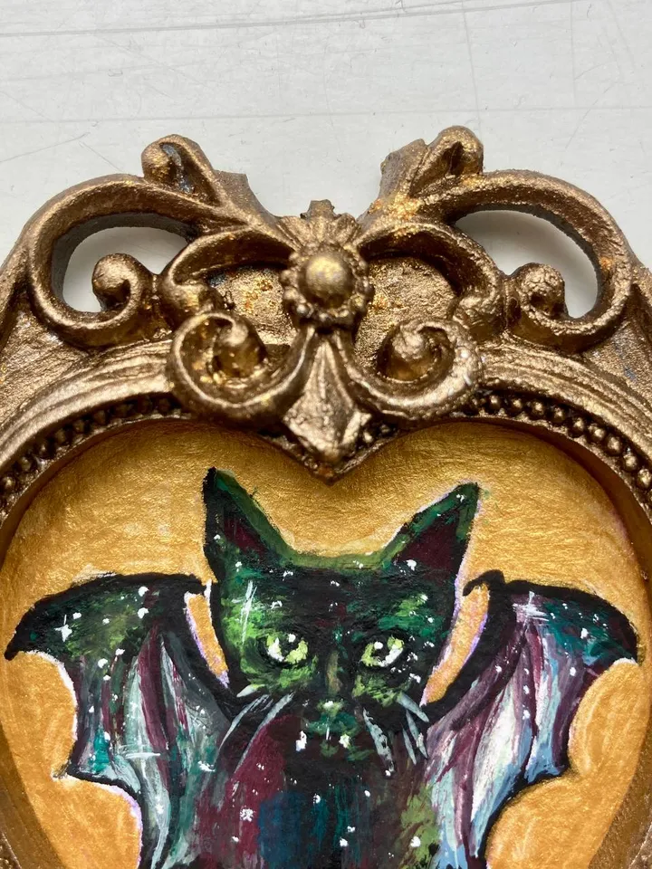 Bat Painting Small Framed Art Goth Painting Bat Gifts, Mini Gold Framed Decor, Cat Bat, Black Cat Art, Tiny Art Whimsigoth Decor