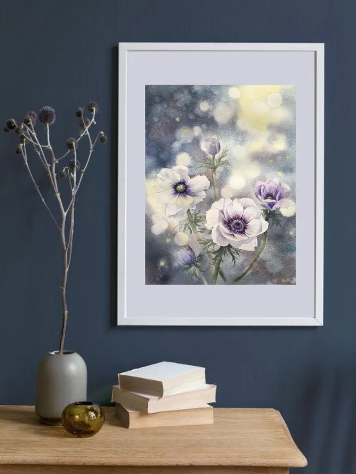 Flowers Original Watercolor Painting Wall Art Anemones Painting