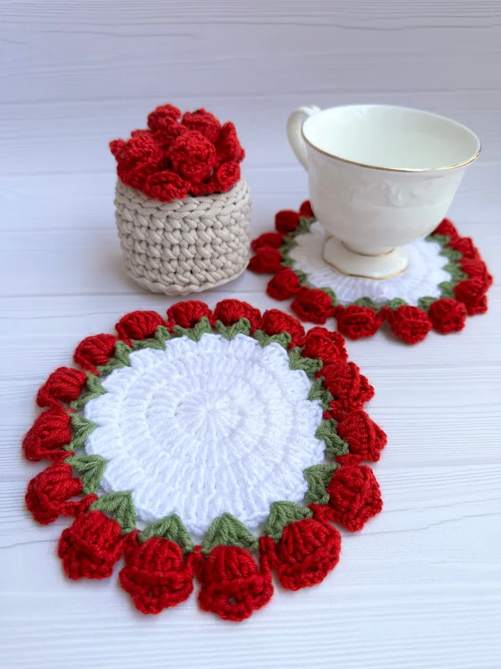 CROCHET ROSE Coaster pattern - Rose Flower Pot Coaster Set Crochet Pattern Flower Bouquet Plant Coasters Instant Digital Download PDF